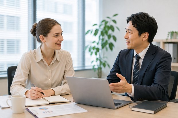 日本語研修をイメージした職場での対話シーン